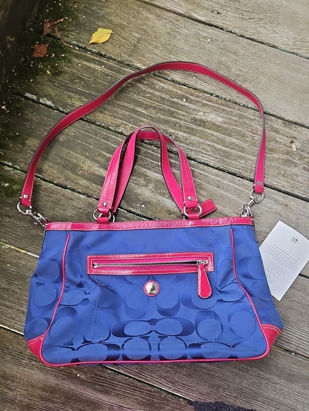 Coach Blue Laura Signature Tote with Pink Leather Trim